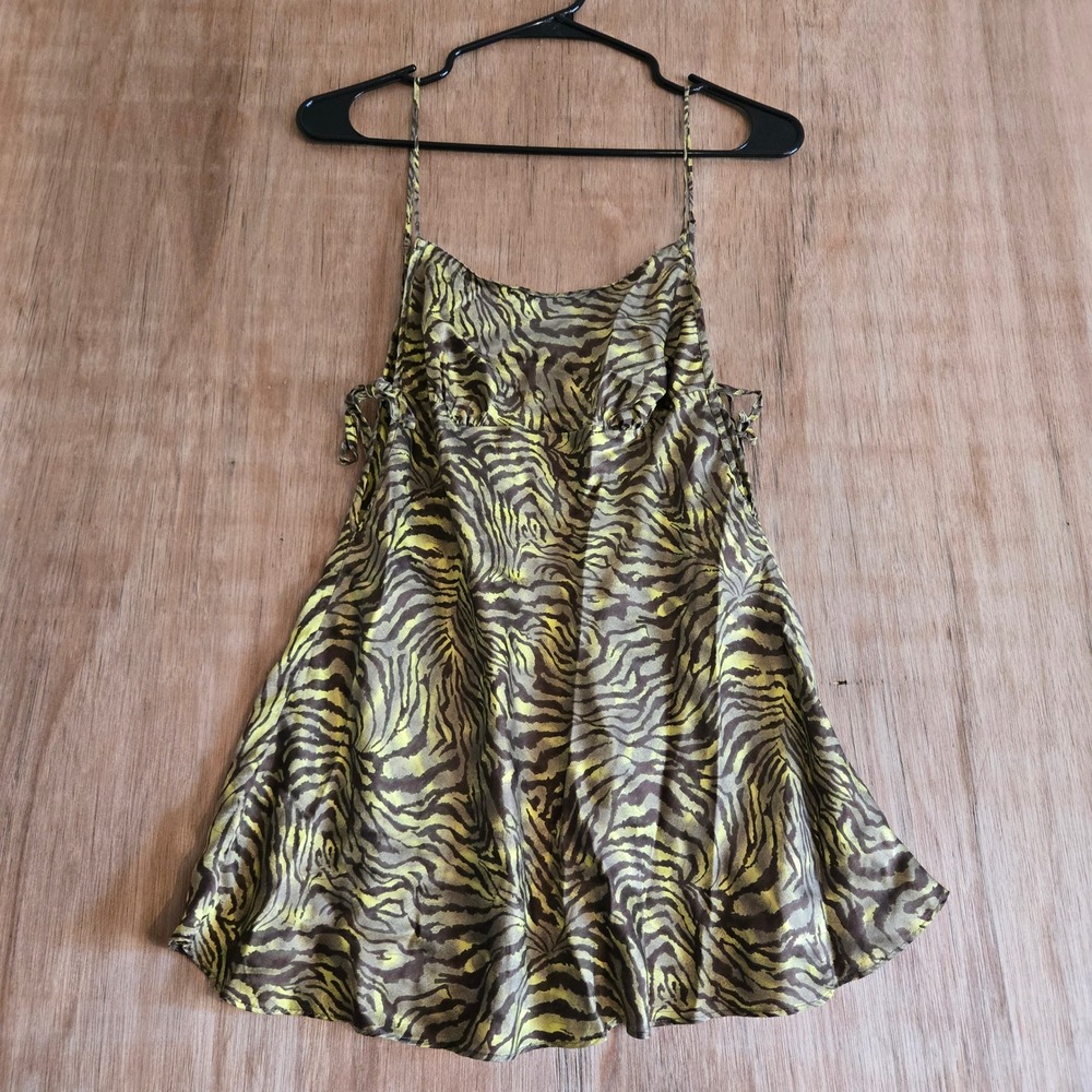 Victoria's Secret Vintage 100% Silk Zebra Print Slip Dress XS Lime Green Brown